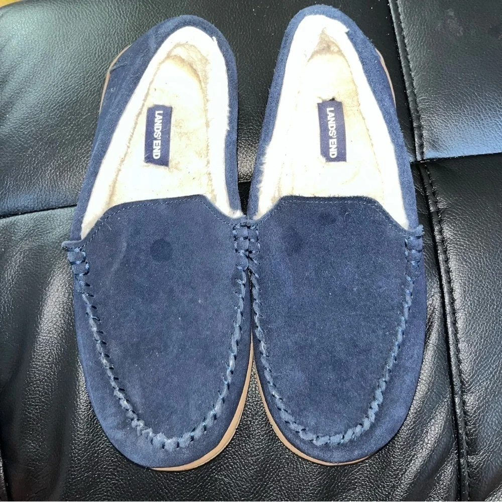 Lands' End Men's Blue Suede Loafers Slippers Sherpa 8